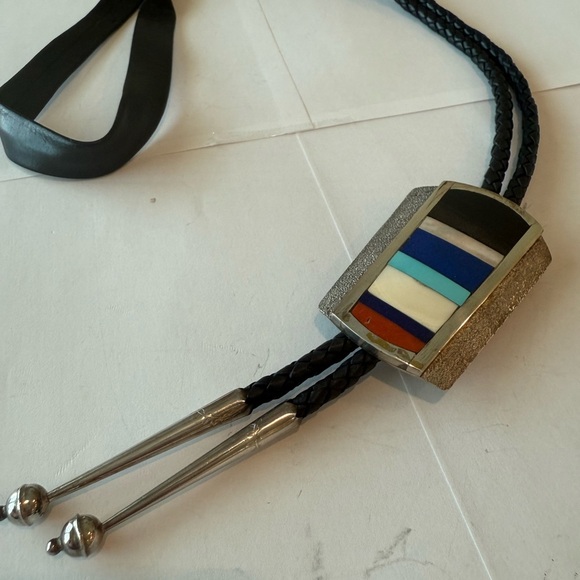 Tony Sanchez Sterling Silver Inlay Bolo Tie Turquoise Lapis Coral - Picture 3 of 5